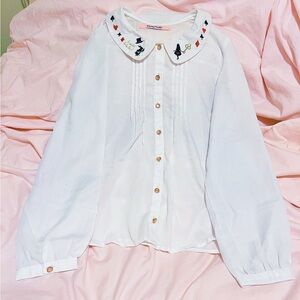 Harajuku Jiraikei Kawaii Blouse with Alice in Wonderland Embroidered Collar